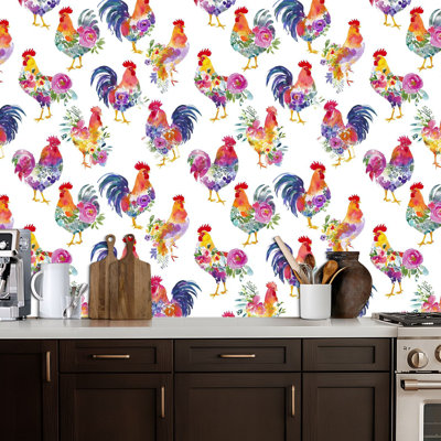 Peler et coller le papier peint aquarelle coq floral vibrant Blooms Chickens Farmhouse papier peint amovible auto-adhésif mural pour armoires de cuisine de chambre à coucher 17,7 po x 118 po