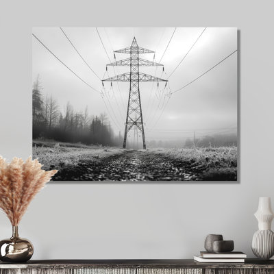 Lignes électriques monochromes d'hiver gris Aura Power Lines - Power Lines Wall Art Living Room