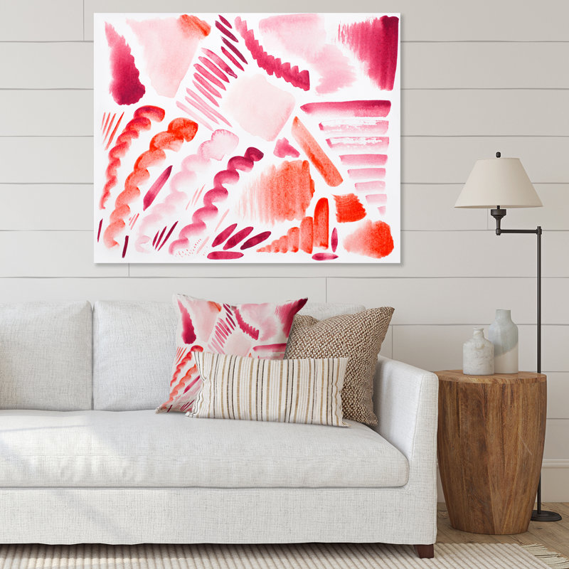 Éléments graphiques rétro en orange et rouge I - peinture sur toile, H 12 po x l 20 po, Cadre noir