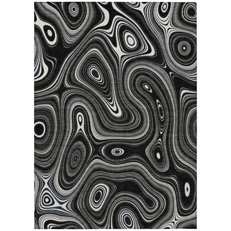 3' X 5' Black And Ivory Geometric Washable Indoor Outdoor Area Rug