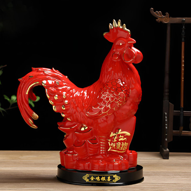 Statue de coq en céramique traditionnelle - bonne chance, Rouge