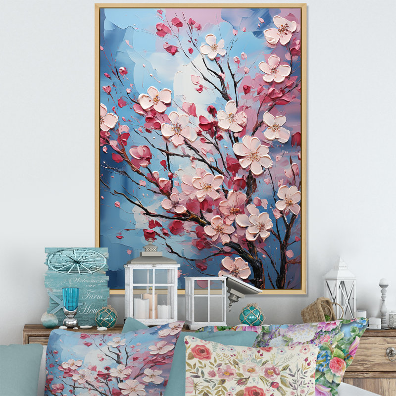 «Blue and Pink Dogwood Blossoms I», reproduction sur toile, Cadre naturel flottant, H 44 po x l 34 po x P 1,5 po