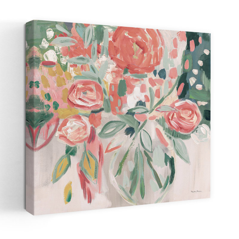 Art contemporain contemporain floral rose avec bouquets bleus, H 18 po x l 18 po