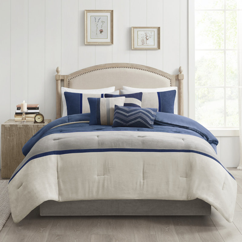 Édredon en faux suède bleu 7 pièces - Grand lit lavable à la machine, couvre-oreillers, coussins décoratifs et jupe de lit