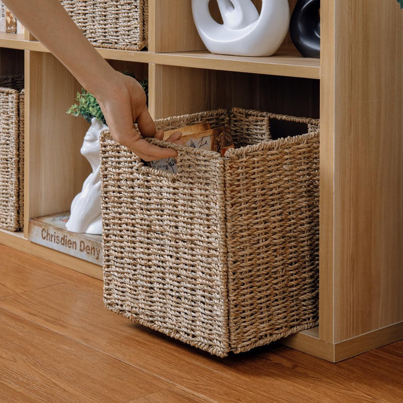 Ensemble de 3 paniers de rangement pliables en ruppie maritime - ensemble de 3 | Grands bacs carrés en osier pour tablettes | Rangement pliable en rotin