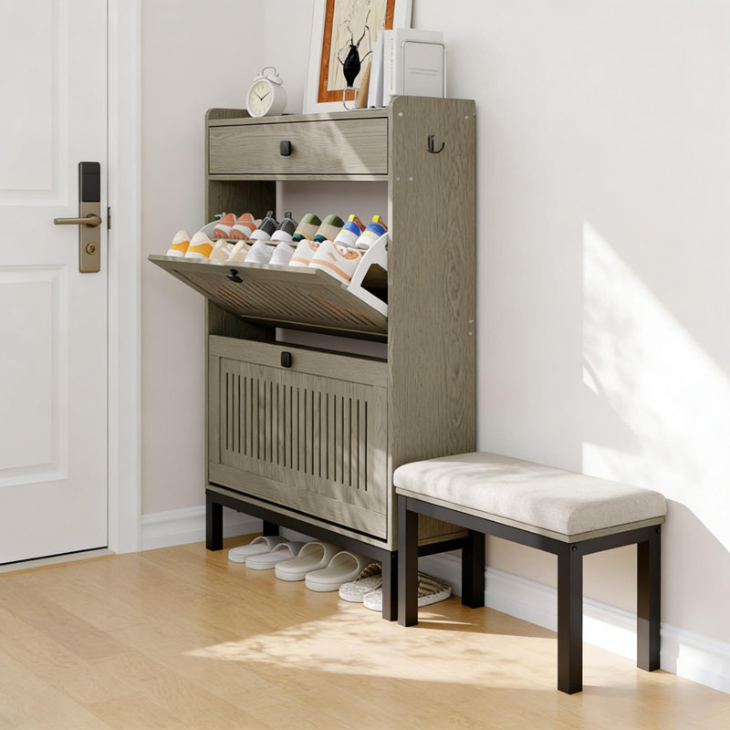 Armoire à chaussures avec 2 tiroirs rabattables et un tiroir supérieur, étagère à chaussures réglable pour le vestibule, Gris