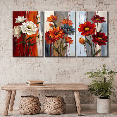 «Vibrant Multicolor Floral Vintage Striped», art mural sur toile tendue avec châssis de qualité supérieure - prête à être accrochée (ensemble de 3)