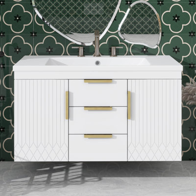 Armoire de rangement flottante pour salle de bain 36 po avec lavabo, 2 portes à fermeture douce, 2 tiroirs, garniture décorative