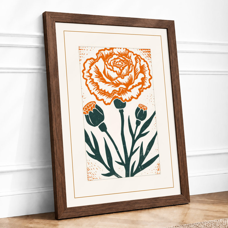 Orange Rose In Bloom Botanical - Print, Walnut, A1 - 84.1 x 59.4 cm