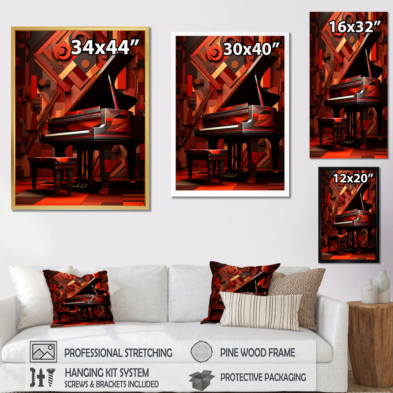 «Red Grand Piano Cubist Concerto I», reproduction sur toile, Cadre simple noir, H 40 po x l 30 po x P 1,5 po
