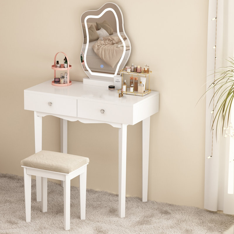 Bureau de coiffeuse avec miroir éclairé et 2 tiroirs, petite table de maquillage