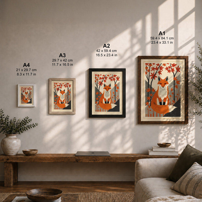 Fox Among Maples Japandi - Framed Print, Oak, A3 - 42.0 x 29.7 cm