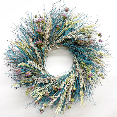Handmade Natural Dried Flowers Blue Painted Quail Brush Twigs with Avena Oats, Artemisia, and Lemon Mint Wreath
