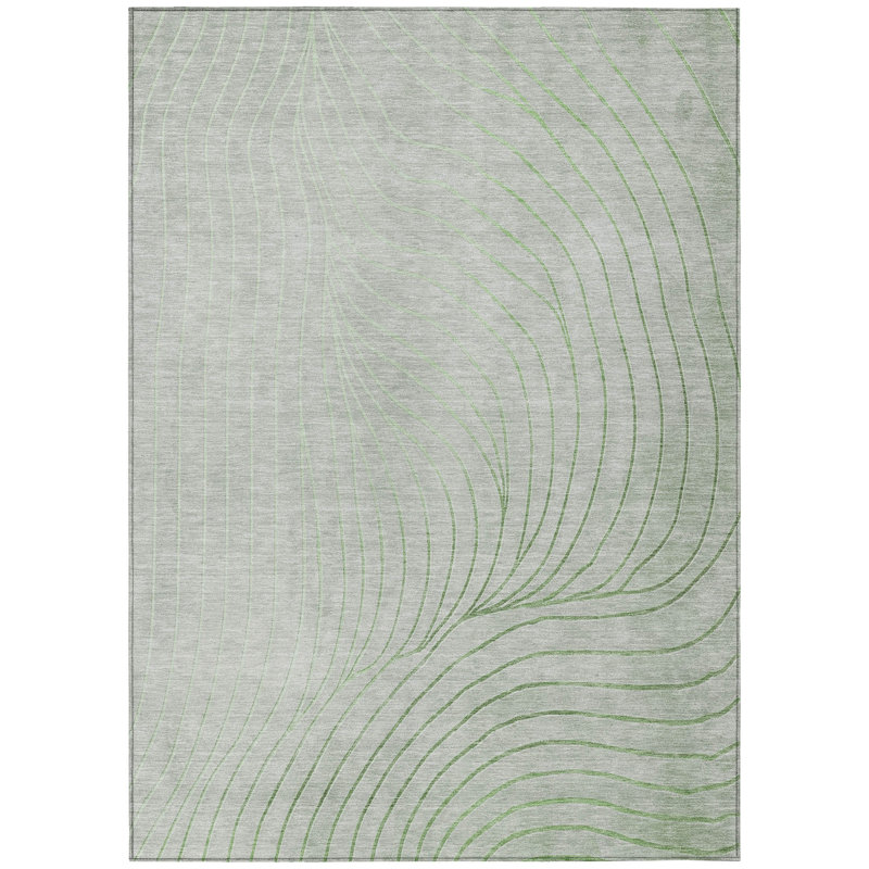 3' X 5' Artichoke Green And Silver Abstract Washable Indoor Outdoor Area Rug