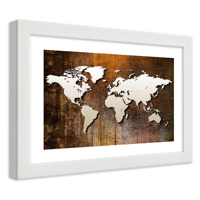 World Map In Brown - Single Picture Frame Print, White, 70cm H x 100cm W