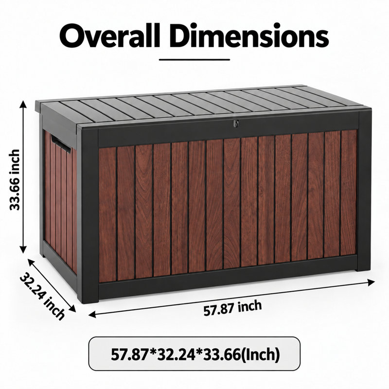 Coffre de terrasse en résine de couleur noyer cognac de 300 gallons avec couvercle verrouillable et charnières à piston