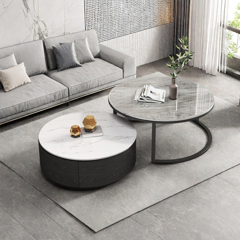 Round rock slab coffee table combination, White/Gray