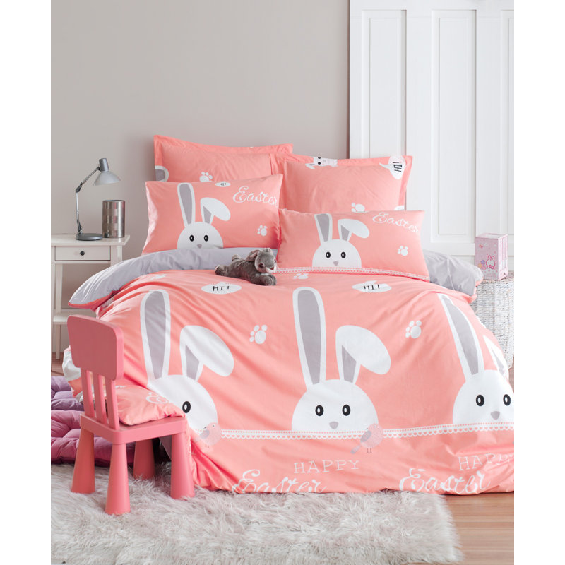 Ensemble de housse de couette 100% coton rose / gris / blanc Jenkintown, Housse de couette double + 2 taies d'oreiller 31 p