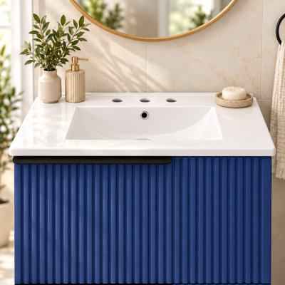 Meuble-lavabo BOV de 76 cm (30 po) au design cannelé, avec lavabo en céramique et tiroirs de rangement séparés