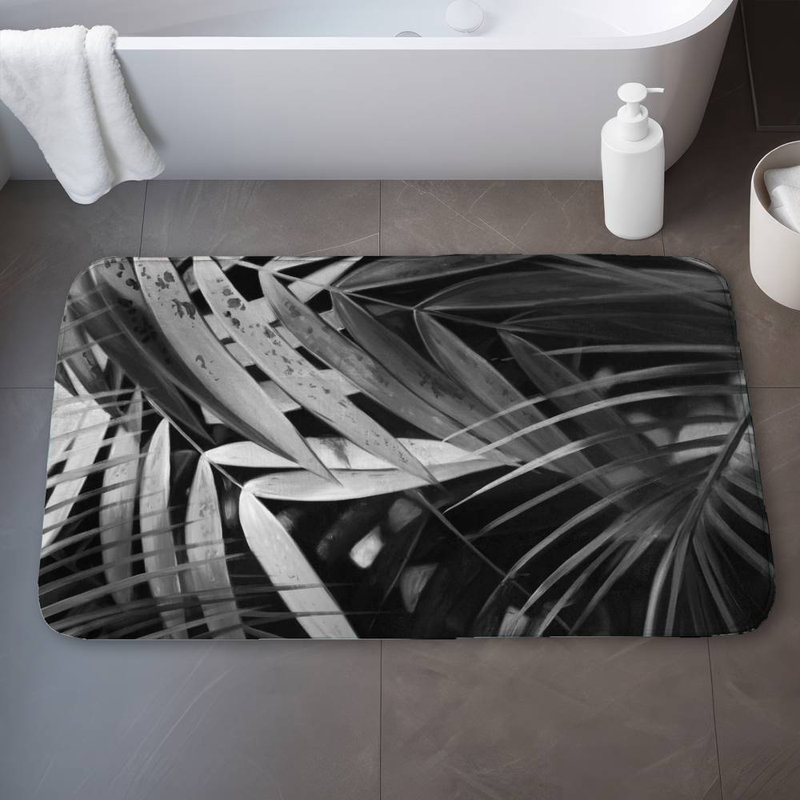 Monochrome tropicals leaves Bath Mat with Non-Slip Backing - Quick Dry Memory Foam Bathroom Rug - Absorbent - Modern Plush Spa-Style - Machine Washable