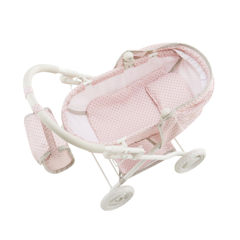 Pink and Gray Polka Dot Baby Doll Pram Stroller with Retractable Canopy