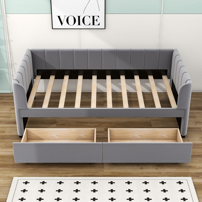 Amneris Twin Size Upholstered Daybed with 2 Drawers, Gray