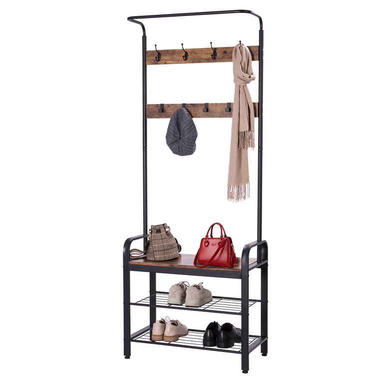 Tribesigns Howard Brown Wood 32 in. Shoe Rack with Coat Hooks, Hall Tree with Shoe Bench and Shelves, Dark Brown Wood