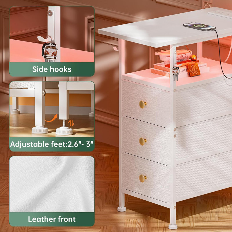 End Table with Charging Station Narrow Side Table Nightstand with LED Light, Bedside Table White