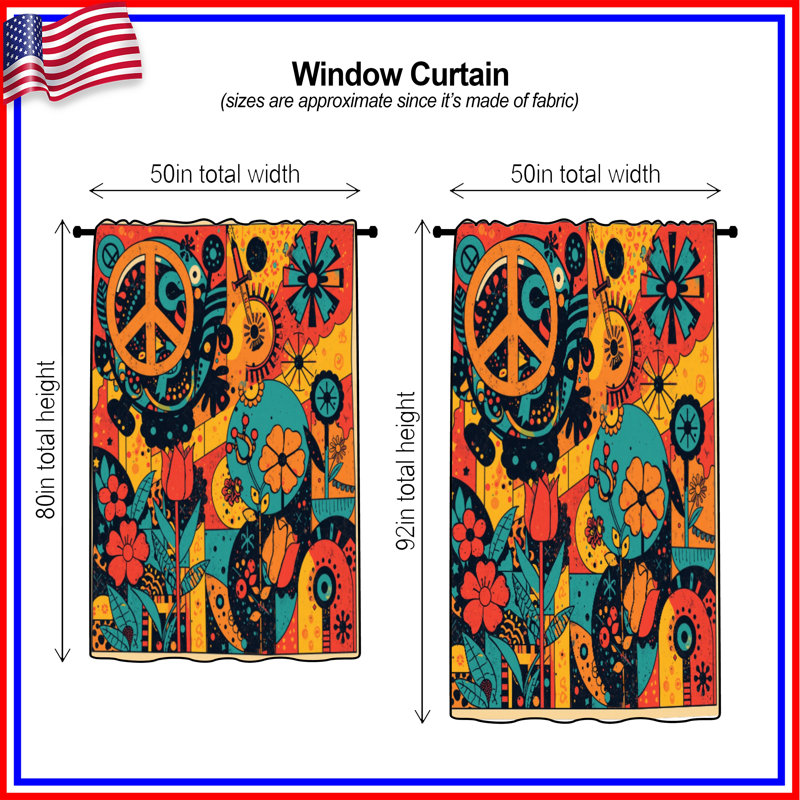 Rideaux de fenêtre Retro Floral Peace, 50 po x 80 po - 1 panneau, Transparent