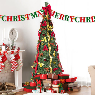 Arbre de Noël escamotable de 6 pi avec 150 lumières blanches chaudes, ornements rouges et or entièrement ornés, option de rangement pratique décorée facile à ranger