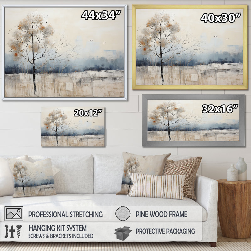 Minimalisme beige et bleu campagne II - impressions sur toile campagne, H 16 po x l 32 po x P 1 po, Cadre flottant blanc