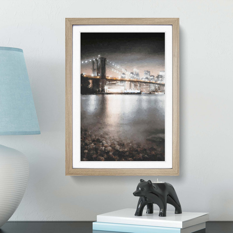 Brooklyn Bridge New York City Abstract Art - Picture Frame Graphic Art Print, 48cm H x 36cm W x 2cm D, Oak Framed