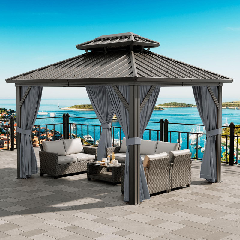 Pavillon de jardin 12 'x 10' à toit rigide avec rideaux et filet - Pavillon extérieur permanent en aluminium, Gray
