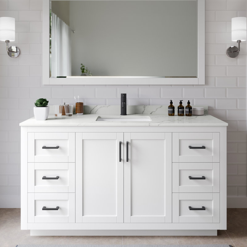 Ensemble de meuble-lavabo simple autoportant 60 po avec plateau en quartz Miranda, Giotto Quartz, Blanc, Noir mat