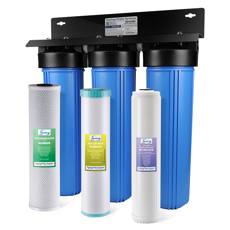 Système de filtration d'eau pour toute la maison iSpring avec filtres anti-calcaire en polyphosphates, GAC + KFF et bloc de carbone, détartrant à 3 étapes et filtre à eau, modèle: WGB32B-KDS