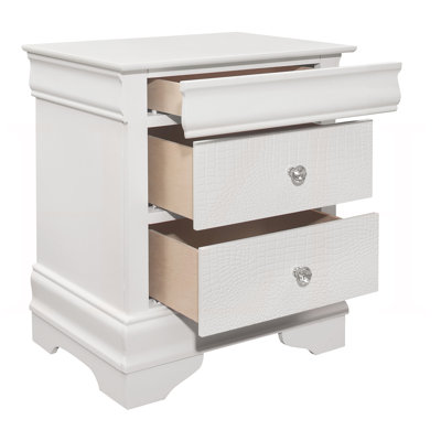 Traditional Design Bedroom Furniture – Nightstand with 3 Drawers, Faux Alligator Embossed Fronts, White Finish, Wooden Furniture, 1 Piece Only