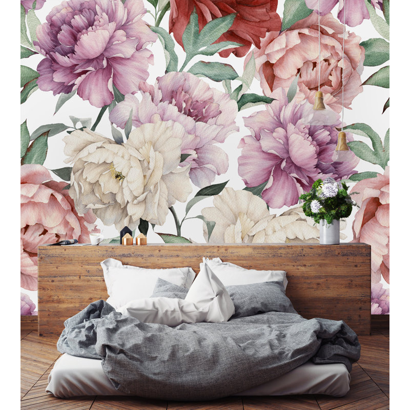 Murale 4 pièces Knightstown Peony, Blanc, L 8,33 pi x l 100 po