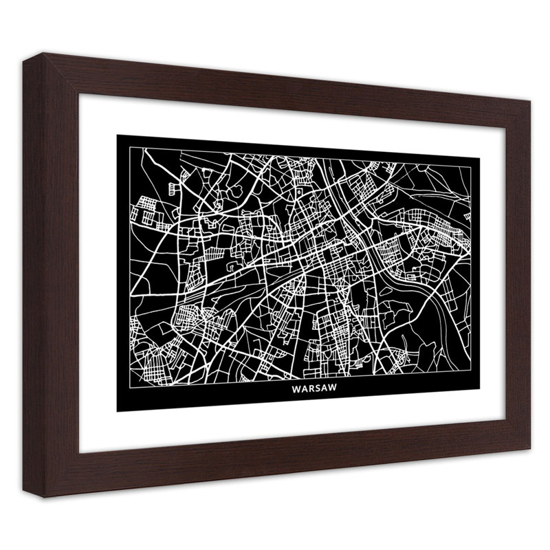 City Map Of Warsaw - Single Picture Frame Print, 70cm H x 100cm W, Brown
