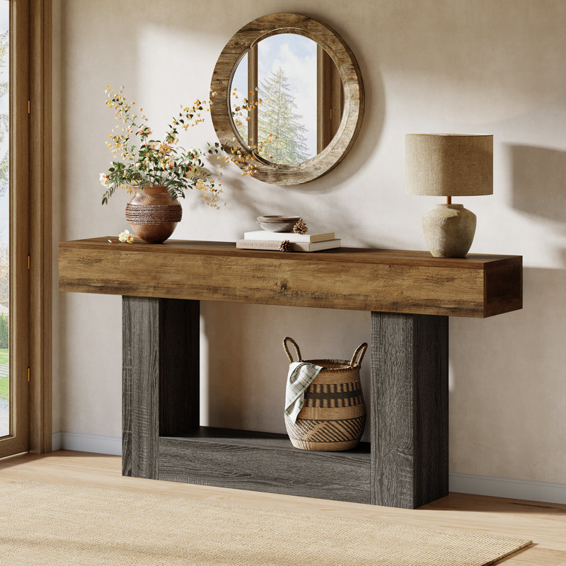 63" Farmhouse Console Table With 2-Tier Shelves, Entryway Table with U-Shaped Base, Narrow Long Sofa Table for Hallway, Foyer