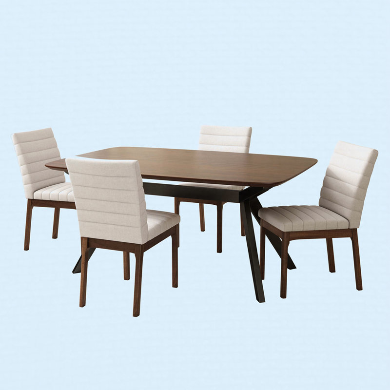 Ensemble de salle à manger rembourré 5 pièces avec structure en bois d'hévéa, 5 pièces: table, 4 chaises