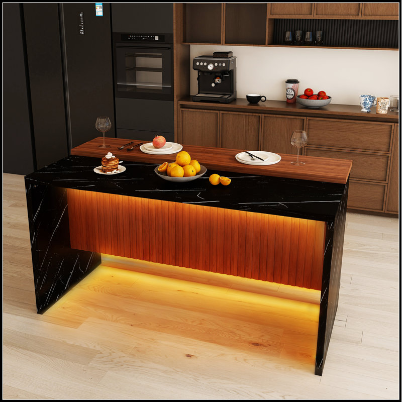 Marble-Look Kitchen Island with LED Lights & Grille Design – Island Only, Seats 4-6, Walnut/Black