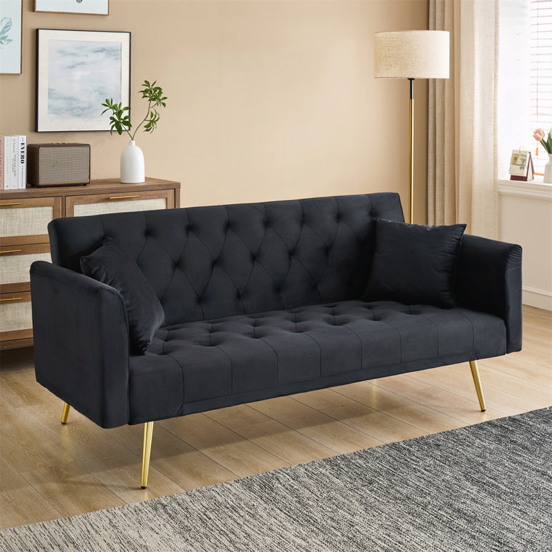 Canapé double pliable de 71 pouces, de style rétro américain, fabriqué en velours noir, idéal pour les petits salons, les chambres et les bureaux.