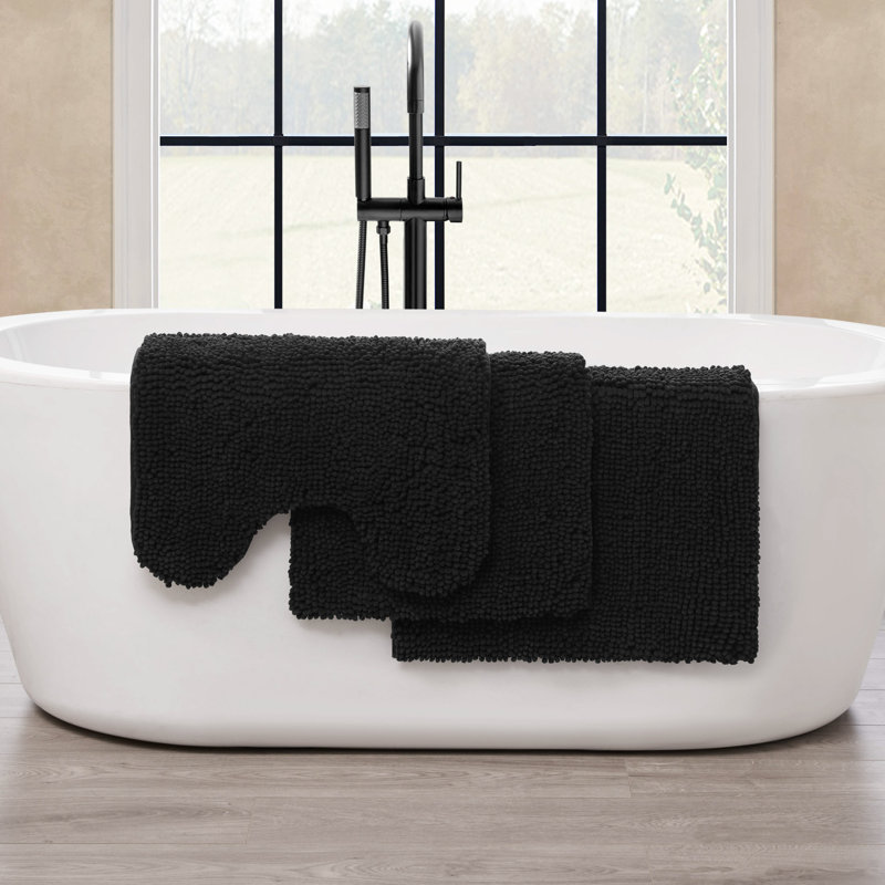 Chenille Super Soft Absorbent Microfiber Non-Slip 3-Piece Bath Rug, Black