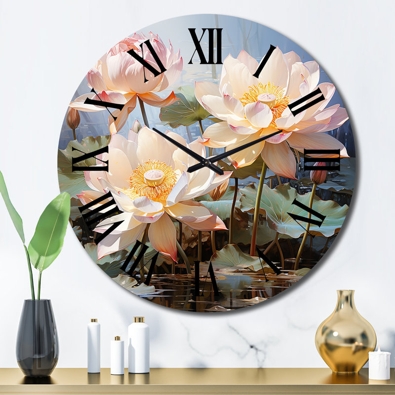 Blanc blanc jaune lotus romantique impression - horloge murale florale, Grand