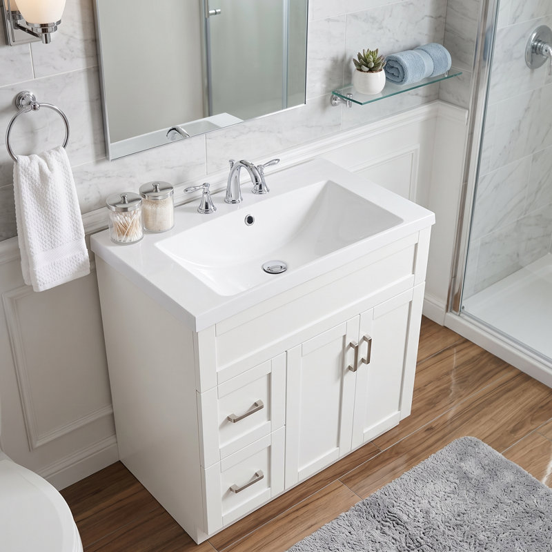 Meuble-lavabo autoportant de 76 cm (30 po) en MDF blanc avec lavabo simple, quincaillerie à fermeture amortie et assemblage facile
