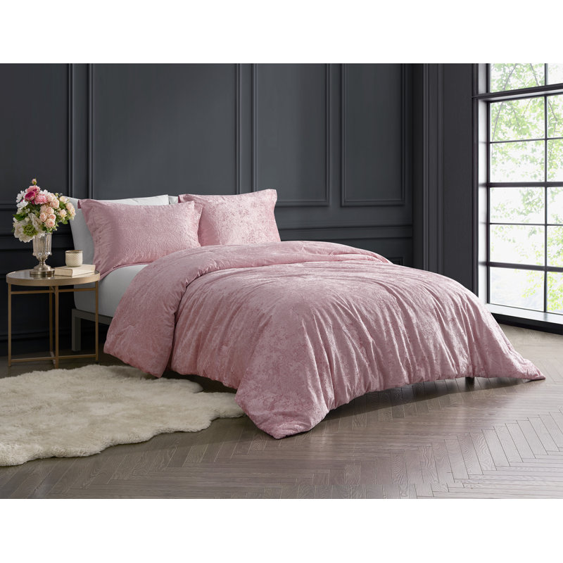 Design Studio Rochelle Outline Floral 2-3 Piece Crushed Velvet Comforter Set, Queen Comforter + 2 Standard Shams, Pink