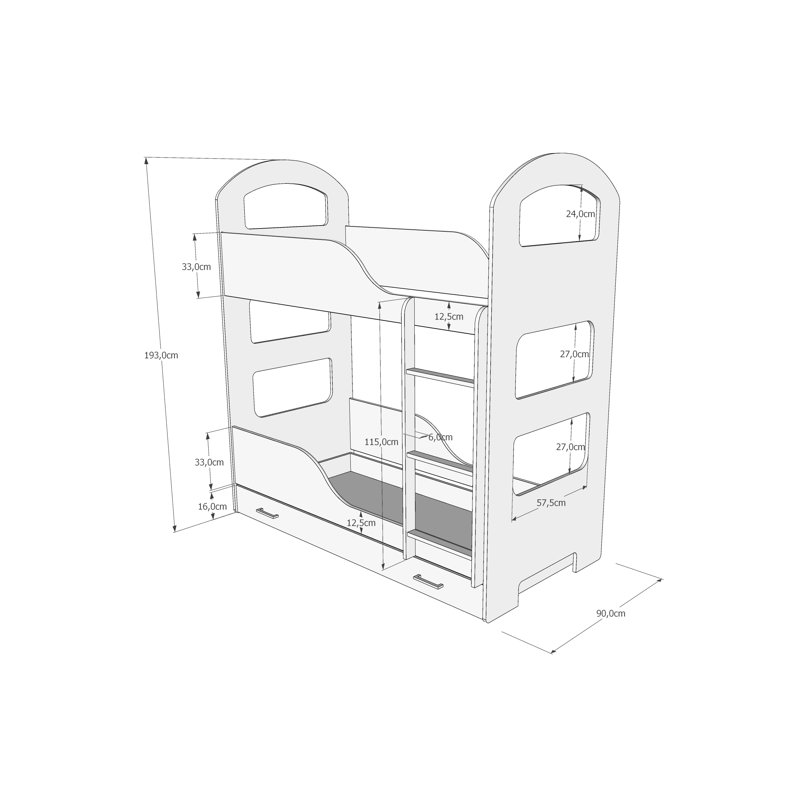 Spady Bunk Bed with Built-in Ladder Included, 80 x 180 cm, White, With Drawer