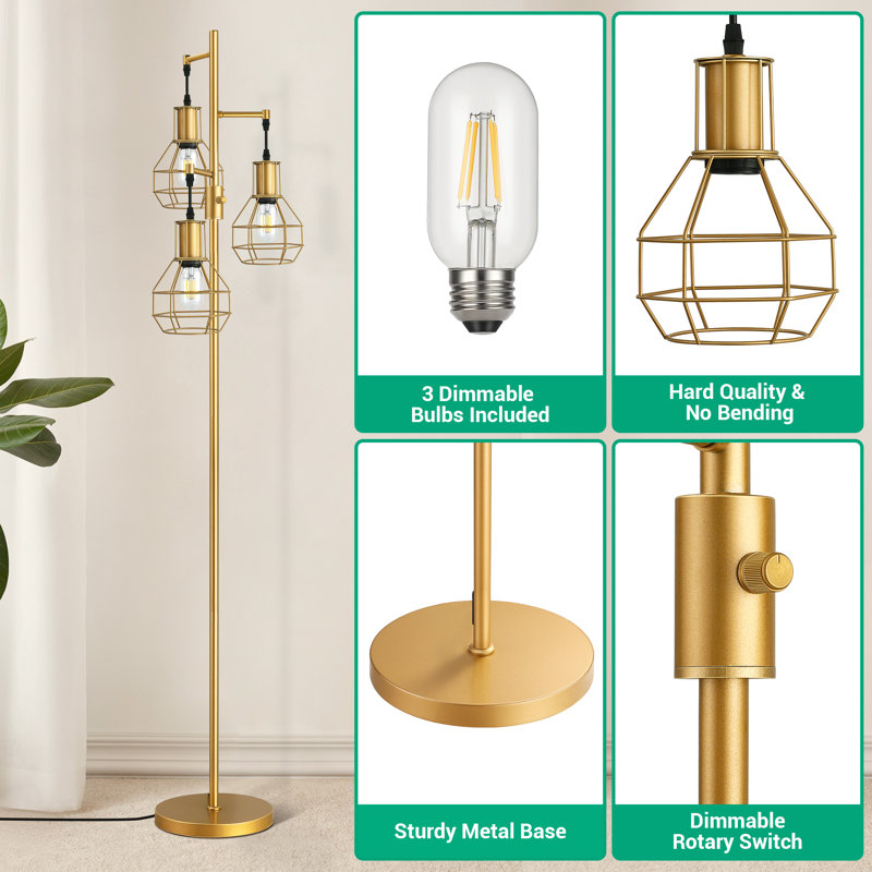 Zakaria 65'' Dimmable Tree Floor Lamp with 3 bulbs included, Gold