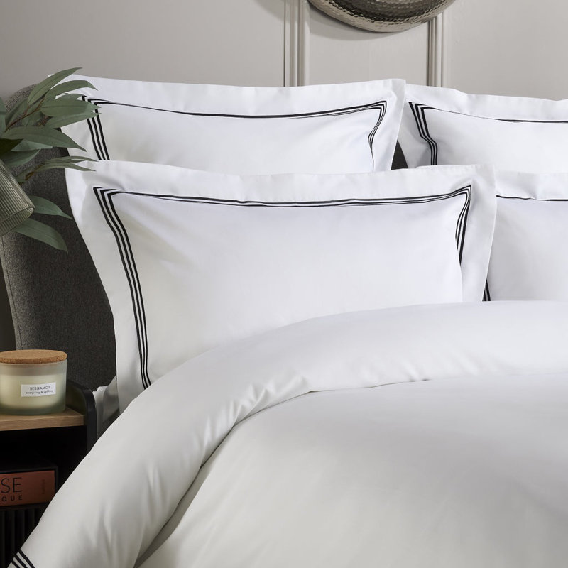800 Thread Count Triple Row Cord Embroidered Square Pillowcase Pair, White/Black