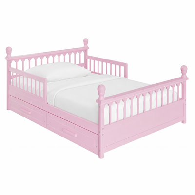 Structure de lit pour enfant pleine grandeur avec 2 tiroirs de rangement sous le lit, lit plateforme en bois avec barrières de sécurité, conception à profil bas, système de support à lattes robuste, aucun sommier tapissier requis